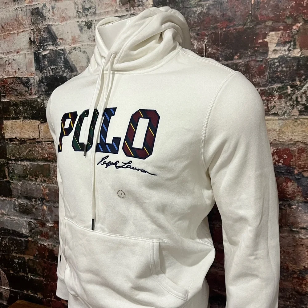 Polo Ralph Lauren Off White Plaid Letterman Hoodie Size Medium - Picture 3 of 5